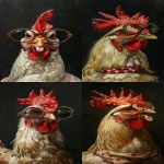 **A chicken wearing a red and white polka dot headband and large glasses, with its tongue sticking out, against a black background, in the style of an oil painting. --ar 4:7 --v 6.0 --s 250** - <@756269320539209761> (fast)