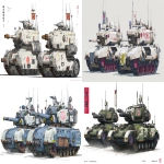 **a dnd style concept art of two feudal japan iron and wooden main battle tank, have different number in the turret, same size but not identical, double barrels canons, dark industrial scifi style, labeled as unit leader and co-leader, white color with digital urban camo patterns and lime - navy hazard markings, mechanical details, Japanese characters insignias and badges, realistic look, moody atmosphere, a little bit foggy, signal antennas, various size nobori, have japanese anime mural on the armored skirts, signal cabbles, on a white background in the style of Studio Ghibli and Makoto Shinkai, cel-shaded, full-body, cartoon, 2D game art --ar 11:5 --v 7.0** - <@1043498067623686144> (fast)