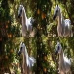 **an image of a grey Arabian mare standing amongst pomegranate trees in strong dappled sunlight. The mare is in the right side of the image and Her head intersects the upper right third of the image and she is looking back toward the bottom left corner but her body is facing the bottom right corner. Her head and body create the curve of a golden ratio. Some of the pomegranates in the foreground toward the bottom left of the image are open and the seeds are visible --ar 16:9** - Variations (Strong) by <@670754511698001963> (fast)