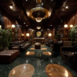 **Surrealism 1970s abstract luxury music lounge, black gold brown colors rich colors, luxury, hd quality , vinyl showing, low lighting, leather conversation pit, tall abstract speakers, vinyl records , bar lounge included** - Image #2 <@951239260281913364>