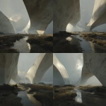 **cracked vertical highways spiraling through flooded grasslands and deep marshes, massive natural bridges arching over abyssal rifts, photo-realistic style, white smooth concrete bunkers partially submerged, futuristic opera stadium carved into the landscape, eerie atmospheric haze, crowds of people suspended midair in slow motion, enormous boulders orbiting above like moons, glowing lens flares as sleek spacecraft drift past, bizarre moonstone-skinned drones pulsing softly above the road like jellyfish, hyperreal lighting, towering spires with warped geometries, soft orange glows, hidden waterfalls roaring in the distance, ancient war relics half-buried in the mud, twisted white willow trees veiled in mist, crepuscular rays illuminating surreal terrain --v 7.0 --p 3yk8su5** - Variations (Strong) by <@1077492926550134864> (fast)
-# Create, explore, and organize on [midjourney.com](<https://midjourney.com/imagine?from_discord=1>)