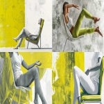 **a print design (with photorealism) of someone doing chair yoga - in grey, white, and chartreuse --ar 2:1 --v 6.1** - <@391763492304060418> (fast)
