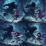 **anime art style , fantasy card art, a small female midget rogue in a purple cloak performing a feint in mid-combat his body blurs in motion as he fakes a slash to the left with a short sword, while slipping a hidden dagger low to the right. The towering fully cloaked enemy reacts to the wrong move, completely off-balance, eyes wide with surprise thrusting sword forward completely missing .The rogue has a sly grin on her face, glowing motion trails emphasize the misdirection. Cinematic anime-inspired style, dynamic angle, high detail, moody lighting.** - Variations (Strong) by <@189255832385486848> (fast)
-# Create, explore, and organize on [midjourney.com](<https://midjourney.com/imagine?from_discord=1>)