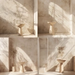 **Studio-style interior photo for furniture catalog use. A single empty plant stand or pedestal centered in the frame. The pedestal is completely empty. No items on top. No plants. No decor. No accessories. No objects of any kind on the stand or surrounding surfaces. Minimal boho interior design. Light neutral palette (off-white, soft beige, pale wood). Simple plaster wall background. Clean floor or tabletop surface with nothing placed on it. Bright diffused studio lighting, flat, even illumination, no directional light, no visible shadows, low contrast. Symmetrical composition, centered framing, large negative space, product documentation photography style, furniture design catalog aesthetic, DSLR quality, 50mm lens. --ar 4:3 --v 6.0 --chaos 0.5 --raw** - Variations (Strong) by <@1090435486935433258> (fast)
