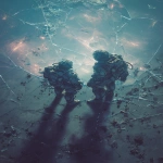 **Two figures in tattered exo-suits stand before a cracked monochronolith, its core pulsing with unstable temporal light, one reaches out while the other watches in fear, reflections of forgotten timelines swirl on its surface, harsh shadows, glowing debris in the air, dark sci-fi mood, cinematic close-up, dramatic lighting, high detail, atmospheric tension --ar 2:3 --v 7.0 --c 10** - Upscaled by <@1052958752749387917> (relaxed)