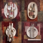 **single floating plate with knives and spoons arranged in a ritualistic vertical gesture, minimalistic geometric shapes, rough matte texture, muted whites, deep wine-red abstract background with earthy tones, elongated lines, primitive symbolic composition, Peggy Kuiper inspired** - <@1247660892770795582> (fast)