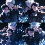 **Still taken shot from anime episode - Levi Ackerman from Attack on Titan and Satoru Gojo from Jujutsu Kaisen. Gojo has white hair, his arm around Levi's shoulder and is posing with a big smile and making a peace sign, Levi has black hair, has his arms crossed and looks slightly annoyed against a black background with sparkles in the art style of attack on titan anime. Friendship-style pose, Anime TV art style, attack on titan, jujutsu Kaisen. Uniform details, beautiful lighting, anime art, manga --niji 6** - Variations (Strong) by <@774763495555072010> (fast)