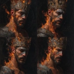 **A wide, front-facing oil painting portrait of a king wearing an awe-inspiring, intricately detailed welding crown adorned with ancient symbols and shimmering jewels that seem to pulse with inner fire. His full face, chest, and upper torso are visible. The left side of his face and shoulder are consumed by vivid, almost supernatural flames ethereal and alive casting dynamic, flickering light that dances wildly across his skin and armor. The flames subtly form ghostly shapes of angels and souls rising, blending spiritual mysticism with raw elemental power. A bold, cracked ash cross, textured like burnt wood and glowing faintly with silver embers, is emblazoned on his forehead a stark symbol of humility, mortality, and divine purification. His expression is calm yet fervent, eyes burning with inner fire and transcendent wisdom, embodying spiritual strength, sacrifice, and rebirth. The dark, textured background pulses with smoky shadows and faint celestial constellations, as if the universe itself watches this sacred moment. Rendered in rich, detailed soft oil brush strokes that give the skin a warm glow, the flames a mesmerizing flow, and the crown a regal grandeur blending hyperrealism with a visionary, almost mystical atmosphere full of emotional intensity and symbolic depth.** - Variations (Subtle) by <@1097374443979935885> (fast)