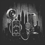 **a logo that is a high contrast black and white illustration of a smart phone, a microphone and a camera behind a city scape. the illustration is in 80s graffiti --v 6.0 --stylize 500** - Image #4 <@1061750239708577893>