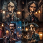 **a lifelike marionette intricately designed in the whimsical yet dark style of Tim Burton. The puppet bears striking resemblances to Keanu Reeves, particularly the brooding intensity of his character John Wick. This unique creation embodies a fusion of classic fairy tale charm and gritty underworld aesthetics, evoking a scenario where Pinocchio navigates the sinister realms of the Russian mob. The marionette's wooden features are delicately carved, with exaggerated expressions that convey both innocence and menace, set against a backdrop of shadowy alleyways and flickering streetlights.** - <@665946523279818772> (fast)