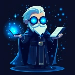 **Futuristic legal wizard mascot, glowing blue eyes, wearing a judge robe mixed with a wizard cloak, holding a digital scroll and a smartphone, cartoonish but clean, high-tech magical vibe, flat design - vector art --s 250** - Image #1 <@844314166369583134>
