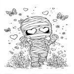 **chibi mummy unraveling its bandages, butterflies and hearts, surrounded by flowers, thick line art, coloring page --ar 5:7** - Image #2 <@437878260013989888>