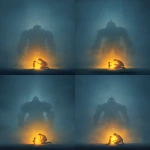 **A vertical, cinematic scene set in thick, misty fog. In the background, a colossal, ghostly figure stands facing directly forward the massive shoulders and torso of a humanoid giant with a head made entirely from the U.S. Capitol dome. The dome is seamlessly integrated, intimidating, expressionless, and symbolic of systemic power and political threat. The giant looms in silence, ethereal and cold, with minimal detail except strong architectural and structural weight in its form. In the foreground, a glowing doctor figure kneels with deep compassion. The figure is made entirely of radiant light warm gold and white and is gently listening to the heartbeat of a small glowing child using a clearly visible stethoscope. The doctor’s posture is intimate and protective. The child stands calmly, trusting. Both figures glow from within and are the only light source in the scene, casting light into the fog that gently reveals the presence of the looming Capitol-giant. The composition emphasizes the massive scale contrast between the giant and the glowing human figures. Visual style is painterly or digital illustration poster-ready, dramatic, and reverent. Chiaroscuro lighting, soft fog diffusion, and strong emotional impact. Use warm glow for the figures and cool grays and blues for the giant and background. Emotion: quiet defiance, compassion under pressure, light in systemic darkness. --ar 2:3 --v 7.0** - Variations (Subtle) by <@801873084395028480> (fast)