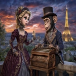 **Manon the Marionette on a date with a organ gringer monkey at the Eiffel tower in the evening --ar 5:4 --v 7.0 --p 1gerk2c** - Image #1 <@404556944502685697>