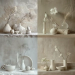 **still life composition in PANTONE 11-4201 (Cloud Dancer), delicate ceramics, glass, and natural textures, soft matte finish, high-detail, minimal and elegant arrangement, fine art photography style --ar 1:1 --v 6.0** - <@1124732812239589386> (fast)