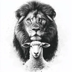**photo realism. Black and grey design. Male lion posing with a sheep. Sheep is standing in front of lion with lion head towering over. Both animals looking at camera. Clean lines, clean shading. White background --v 6.1** - Image #3 <@651578269954736176>