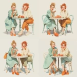 **Vector. Realistic style. Two adult girls sitting at a round table with a cup of tea and a plate of apples, the first with light blond hair tied in a low bun, in a mint dress and orange shoes, holding a hot cup of tea, the second with loose reddish hair, in a light sweater and pants; semi-realistic faces they smile, an atmosphere of lightness, sincerity and friendly warmth without background --s 150 --q 4** - Variations (Strong) by <@1391726384128200735> (fast)
