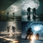 **Two figures in tattered exo-suits stand before a cracked monochronolith, its core pulsing with unstable temporal light, one reaches out while the other watches in fear, reflections of forgotten timelines swirl on its surface, harsh shadows, glowing debris in the air, dark sci-fi mood, cinematic close-up, dramatic lighting, high detail, atmospheric tension --ar 2:3 --v 7.0** - <@1052958752749387917> (relaxed)