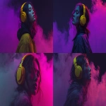 **make a cover, leave space for text on the left, dark smoke and empty purple space on the left, make the left space dark, neon yellow headphones hanging on microphone, black background, purple-yellow style, hyperrealism style, minimalism --ar 7:4 --s 250 --raw** - Remix (Strong) by <@1189578992479633449> (fast)