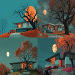 **a spooky Halloween night,photorealistic midcentury modern house of a hill, spooky tree, orange full moon, shadows, colors of aqua, pinks, oranges, reds, photorealistic. --v 7.0 --ar 16:9** - <@726790638733099128> (fast)