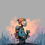 **<https://s.mj.run/RTecCqauTFQ> Reimagine this clean cartoon illustration in a painterly, atmospheric style. Use muted earthy tones blended with halloween colored pastels, textured brush strokes, and hazy gradients in the sky. Hiking through the forest with his cat. In the Pacific Northwest near the mountains during blue hour. Apply loose, expressive linework with subtle shading, crosshatching, and worn textures. Add depth and warmth through cinematic lighting and moody color grading. Expressions should remain exaggerated yet nuanced, balancing humor and melancholy within an atmospheric, storybook-like setting. Color Palette: 20% pastel periwinkle 40% pastel cotton candy 20% pastel sekura pink 10% pastel celadon 10% pastel black** - Image #2 <@757787837981786134>