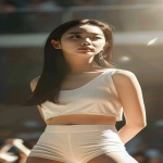 **<https://s.mj.run/BL_53ZbS-bc> a cinematic ultra-realistic full-body portrait of a Korean female ceremonial baseball pitcher standing on the mound before the first pitch in a bright stadium, referencing the face, body style, and pose from the provided image, wearing a tight stretch-fit sleeveless cropped sports top and short white spandex shorts, both in matching ivory or pure white tones, made of thin high-performance fabric, no logos or text, toned athletic physique, confident expression, sunlight illuminating her figure, blurred cheering crowd in the background, cinematic lighting, natural skin texture, 9:16 vertical frame --v 6.0 --ar 9:16 --no watermark --raw** - Image #1 <@1404035603569311864>