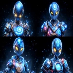 **futuristic watcher sentinel in weathered bronze armor, glowing yellow eyes beneath a sleek helm, observing a holographic almagest spiral galaxy grid, dramatic cinematic lighting, Unreal Engine-style, ultra HD 8K --ar 3:2 --exp 25 --p l8ux4yj j5vl1fh --v 7.0** - Variations (Strong) by <@106534493057220608> (relaxed)
