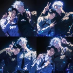 **Still taken shot from anime episode - Levi Ackerman from Attack on Titan and Satoru Gojo from Jujutsu Kaisen. Gojo has white hair, his arm around Levi's shoulder and is posing with a big smile and making a peace sign, Levi has black hair, has his arms crossed and looks slightly annoyed against a black background with sparkles in the art style of attack on titan anime. Friendship-style pose, Anime TV art style, attack on titan, jujutsu Kaisen. Uniform details, beautiful lighting, anime art, manga --niji 6** - Variations (Strong) by <@774763495555072010> (fast)