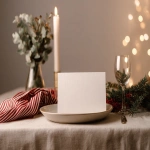 **<https://s.mj.run/ZGmARJ5k5Y8> A white close-up photo of a mockup A4 menu card on a minimalist and elegant festive christmas table, warm light, fairy light bokeh, linen tablecloth, elegant and natural holiday aesthetic. Red, deep green, beige color palette. Elegant Christmas --ar 4:3 --v 7.0** - Image #2 <@1038768977310121984>
