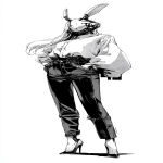 **A full-body black-and-white illustration in a vintage anime style. The person has long hair flowing down their back and is wearing an oversized shirt. Underneath, they are wearing tight dark-colored jeans and high heels. Their head is a rabbit robot. --ar 29:64 --v 7.0** - Image #2 <@852041915598635039>