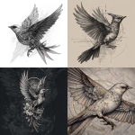 **fineline design of a bird in the style of tattoo artist zihwa, microrealistic details, wings outstretched, head looking towards to the side, background in the style of tattoo artist oscar akermo, modern aesthetic, artistic and expensive vibes, intricate and complicated details, feminine, ultra high definition --v 7.0** - <@241887161421529090> (fast)