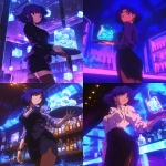 **Fuzzy 90s moe chibi kawaii Anime screengrab, A night club filled with smoke and mirrors that reflect the single beauty standing back a bit walking forward, it's a woman in a business jacket and a long pencil skirt, dark brown stockings, she's carrying a tray with a large pitcher of ice that has glistening blueish square cubes inside and condensation down the glass, her hair midnight blue with purple tips and short cut hair ending around the shoulders, confident smile, narrow squinting blue eyes, pencil thin black eyebrows flat --ar 6:7 --niji 6** - <@372629349565988865> (fast, stealth)
-# Create, explore, and organize on [midjourney.com](<https://midjourney.com/imagine?from_discord=1>)
