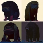 **A large, humanoid creature stands with a heavy, slumped posture and long arms hanging near the ground. Dense, uneven fur covers most of its body, while visible skin on the face and shoulders appears rough and weathered. The head is broad and drooping, with deep-set eyes and a somber, almost weary expression. Its proportions are bulky and asymmetrical, emphasizing weight and mass rather than agility. The overall presence feels ancient, physical, and grounded, as if shaped by harsh conditions over a long time. --niji 7 --sref 3457121426** - <@1018138887199129620> (72%) (fast)