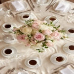 **simple, yet elegant tabletop, view is looking down on it, elegant ivory linen tablecloth, centerpiece of pink and white roses, six (6) steaming coffee cups symmetrically place at each table setting --ar 2:3 --v 7.0** - Image #1 <@1141845422852280493>