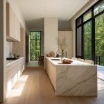 **aptured by a world-class luxury architectural photographer, Hasselblad 500CM, 80mm lens, f/4, ISO 100, 1/60s shutter, wide horizontal composition from slightly above countertop height, showing an ultra-luxury minimal open-plan kitchen in a wellness retreat, oversized island in washed white oak with honed light stone waterfall edge, matte warm white cabinetry with concealed handles, pale timber floors, full-height glass doors opening to rainforest greenery (softly desaturated), natural daylight with lifted shadows and bloomy highlights, shallow depth of field softening the exterior while keeping kitchen surfaces sharp, warm neutral whites and muted stone palette, no harsh contrast, rich, pronounced 35mm film grain, subtle frame edge softness, authentic Kodak Portra 160 film texture pushed one stop, halation bloom on highlights, gentle color shift in shadows for analog realism, editorial Architectural Digest x Kinfolk Living style, airy and restorative mood, photorealistic analog capture** - Image #4 <@1339375378858381312>