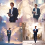 **a charming Asian man with light brown hair, navy blue suit and pants, holding an iPad and walking, hand in pocket, smiling brightly, massive angelic white wings glowing softly, ethereal light from above, dreamy business setting blurred in background, cinematic, fantasy realism, 4K** - <@427615579231485956> (fast)