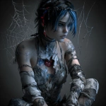 **fantasy concept character, there is a hole in her chest and you can see her heart and inside of her chest there are spiderwebs, she looks sad, she has short black hair with blue strikes, wearing rags and gladiator heels --v 7.0** - Image #3 <@450898678975168513>