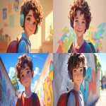 **a medium shot of a realistic illustrated happy 7-year-old Caucasian male student from America, they have a well-defined nose and a well-defined jawline, they have brown eyes and curly brown hair, they stand with their head and neck and shoulders completely square to the camera and facing forward, their entire body is facing forward, they wear a backpack, they have headphones on their head, they stand in front of a white wall with bright graffiti art spray painted on it, it is daytime, the sun is shining bright, high-definition, anime-style, --ar 16:9 --niji 6** - <@1065025086664474674> (relaxed)
