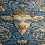 **<https://s.mj.run/0GMbnBQLfYo> william morris wallpaper design of humanoid cows wearing sunglasses and wearing a crown, using 3 colours only --no birds --ar 13:25 --iw 3** - Image #3 <@1103975769467789322>