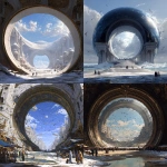 **portal orbital, alien metal, futuristic round Venician architecture, sun spilling through, ocean birds in the sky, snow on the ground, authentic bazaar** - <@1182158818818400348> (fast)