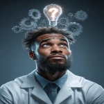 **Photorealistic image of a thoughtful medical doctor in a white lab coat, looking slightly upward with a questioning expression. Above his head, floating conceptual elements: glowing light bulb, metallic gears turning, and a large question mark, all subtly illuminated. Dark blurred background, soft rim lighting on the doctor, professional studio photography style, high detail, black background, crisp focus, 4K realism --ar 3:4 --raw** - Image #3 <@525310115033645076>