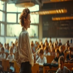 **a cool elegant middle age female school teacher is giving a math class to a large group of pupils. in her classroom. she is standing back to her pupils trying to hide the discomfort and pain she is feeling in her legs. The classroom is modern, brightly lit and warm. 65 mm, realism image, A hyper-realistic, highly detailed daytime scene, atmospheric lighting, volumetric lighting, rich in detail, Leica Q2, photography, high quality, --no blurry, low resolution, cartoonish, unrealistic reflections, distorted, low-poly, washed-out colors, artifacts, overexposed, watermark, --ar 16:9 --v 6.0** - Image #1 <@1088739679458824253>
