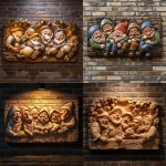 **a relief carving of 7 dwarfs drunkenly sleeping off the night after they found SnowWhite in her eternal slumber, vibrant, 8k, 3D, projected onto a brick wall** - <@735147994395050104> (fast)