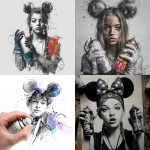 **create a drawing of mix, girls body, mickey mouse hands holding a spray paint and peter pan face on a white background** - <@1240395747078307862> (fast)
-# Create, explore, and organize on [midjourney.com](<https://midjourney.com/imagine?from_discord=1>)