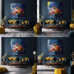 **colorful, large bouquet of flowers in a vase on the wall, living room interior with a sofa and coffee table, an oil painting with a dark blue background, vibrant colors, and golden accents. a large canvas print for home decor with the text "rasyar sani" at the bottom center. --ar 128:125** - Zoom Out by <@1313000520759377972> (fast)