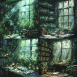**A mystical secret garden room covered in plants and vines, filled with strange objects, glass jars, handwritten notes, and open sketchbooks, glowing green light filtering through, painted in fantasy oil painting style, soft focus, cinematic mood. --ar 1:1 --v 6.0 --stylize 800** - <@1368687980944031764> (fast)