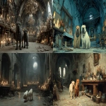 **2 different chinese shar-pei dogs walking and exploring an old church with haunted liminal, skeleton bones, altars with dead flowers and old, unlit candles with cobwebs on them --ar 16:9 --s 750 --v 7.0** - <@1059982138138697728> (fast)
