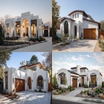 **front driveway view of soft modern house with arched windows, white stucco, and wood accents --ar 16:9 --v 7.0** - <@409035117881982988> (fast)
