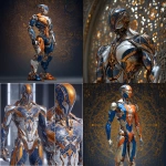 **full body ripped robotic masculine man / with exoskeleton made of forged aluminum / anodized in a combination of three stunning finishes to f refined silver, elegant deep blue and bold and eye-catching cosmic orange / electrifying / great and terrible beauty / background depicts ornate complex lattice patterns of beauty and wonder / full length view --no borders, frames, grids, split screens, tiles, women, girls, females** - <@1080572898269466724> (fast)