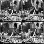 **English fish and chip shop, young attractive glistening woman wearing what might be considered a dangerous outfit to wear around hot oil; a mini skirt and cropped top. Scooping chips out of a vast fryer filled with oil, a glass display cabinet atop the fryers in front of her at chest height, with warm battered offerings contained: battered cod, piles of saveloy sausages, pies in aluminium foil dishes. On the counter top are Proper large salt and vinegar shakers , wooden forks and large jars of pickled onions and pickled eggs. paper wrapping for the chips. colourful chip shop menu on a tiled wall behind her, large picture window in front of her with epsilon aurigae constellation in the night sky, balanced composition, retro futurism --ar 16:9 --raw** - Remix (Subtle) by <@744210433703018499> (relaxed)